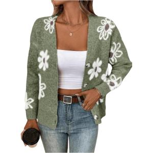 imageSHENHE Womens Floral Print Button Down Cardigan V Neck Drop Shoulder Knit OuterwearGreen