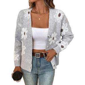 imageSHENHE Womens Floral Print Button Down Cardigan V Neck Drop Shoulder Knit OuterwearGrey