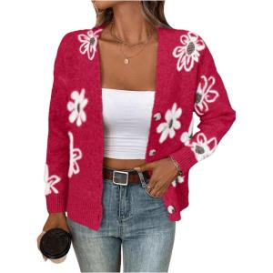 imageSHENHE Womens Floral Print Button Down Cardigan V Neck Drop Shoulder Knit OuterwearHot Pink