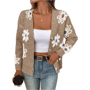 imageSHENHE Womens Floral Print Button Down Cardigan V Neck Drop Shoulder Knit OuterwearKhaki