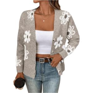 imageSHENHE Womens Floral Print Button Down Cardigan V Neck Drop Shoulder Knit OuterwearKhaki a