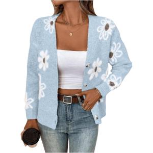 imageSHENHE Womens Floral Print Button Down Cardigan V Neck Drop Shoulder Knit OuterwearLight Blue