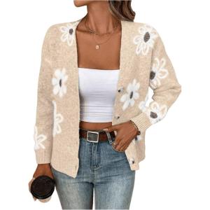 imageSHENHE Womens Floral Print Button Down Cardigan V Neck Drop Shoulder Knit OuterwearLight Khaki