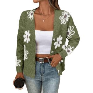 imageSHENHE Womens Floral Print Button Down Cardigan V Neck Drop Shoulder Knit OuterwearOlive Green