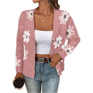 imageSHENHE Womens Floral Print Button Down Cardigan V Neck Drop Shoulder Knit OuterwearPink B