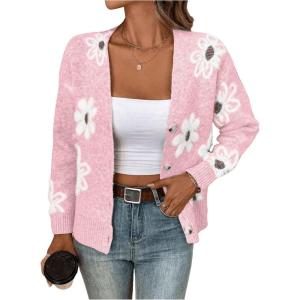 imageSHENHE Womens Floral Print Button Down Cardigan V Neck Drop Shoulder Knit OuterwearPink a