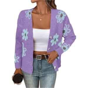 imageSHENHE Womens Floral Print Button Down Cardigan V Neck Drop Shoulder Knit OuterwearPurple
