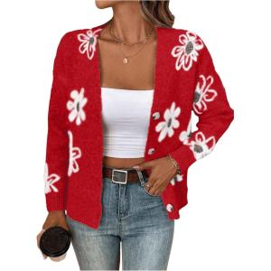 imageSHENHE Womens Floral Print Button Down Cardigan V Neck Drop Shoulder Knit OuterwearRed
