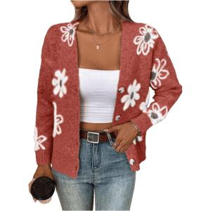 imageSHENHE Womens Floral Print Button Down Cardigan V Neck Drop Shoulder Knit OuterwearRedwood
