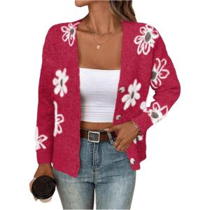 imageSHENHE Womens Floral Print Button Down Cardigan V Neck Drop Shoulder Knit OuterwearRose Red