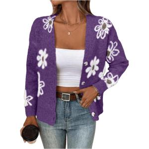 imageSHENHE Womens Floral Print Button Down Cardigan V Neck Drop Shoulder Knit OuterwearViolet Purple