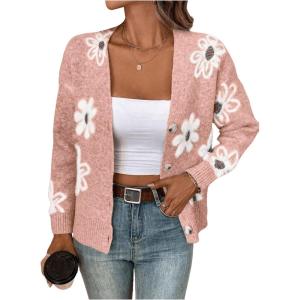 imageSHENHE Womens Floral Print Button Down Cardigan V Neck Drop Shoulder Knit OuterwearWatermelon Pink