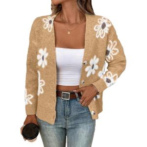 imageSHENHE Womens Floral Print Button Down Cardigan V Neck Drop Shoulder Knit OuterwearYellow