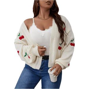 imageSHENHE Womens Plus Size Cherry Print Open Front Long Sleeve Ribbed Knit Cropped Cardigan SweatersApricot