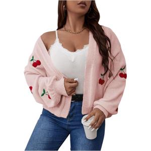 imageSHENHE Womens Plus Size Cherry Print Open Front Long Sleeve Ribbed Knit Cropped Cardigan SweatersLight Pink