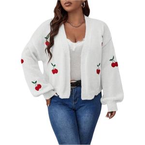 imageSHENHE Womens Plus Size Cherry Print Open Front Long Sleeve Ribbed Knit Cropped Cardigan SweatersWhite
