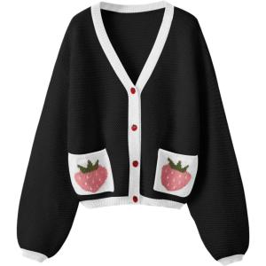 imageSHENHE Womens Strawberry Pattern Open Front Bishop Sleeve Casual CardiganBlack