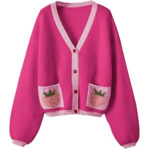imageSHENHE Womens Strawberry Pattern Open Front Bishop Sleeve Casual CardiganHot Pink