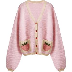 imageSHENHE Womens Strawberry Pattern Open Front Bishop Sleeve Casual CardiganPink