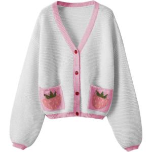 imageSHENHE Womens Strawberry Pattern Open Front Bishop Sleeve Casual CardiganPink and White