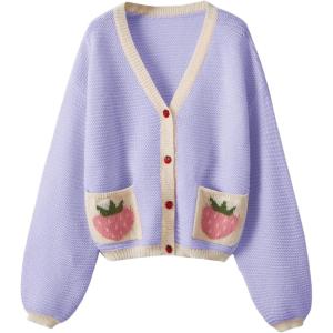 imageSHENHE Womens Strawberry Pattern Open Front Bishop Sleeve Casual CardiganPurple