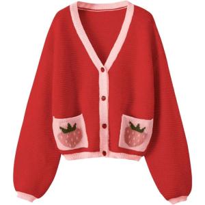 imageSHENHE Womens Strawberry Pattern Open Front Bishop Sleeve Casual CardiganRed