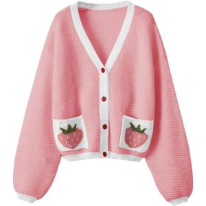 imageSHENHE Womens Strawberry Pattern Open Front Bishop Sleeve Casual CardiganWhite and Pink