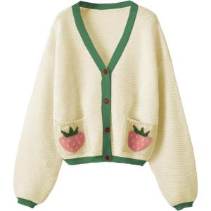 imageSHENHE Womens Strawberry Pattern Open Front Bishop Sleeve Casual CardiganYellow