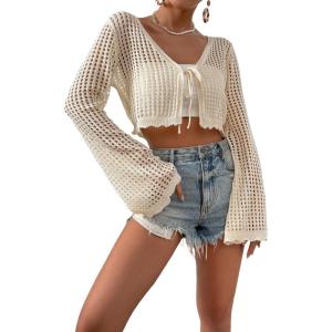 imageSHENHE Womens Tie Front Tops Bell Long Sleeve Knit Crochet Cardigan Crop TopApricot