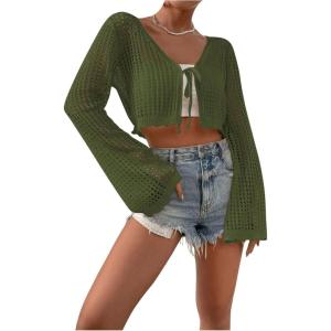 imageSHENHE Womens Tie Front Tops Bell Long Sleeve Knit Crochet Cardigan Crop TopArmy Green