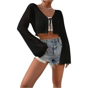 imageSHENHE Womens Tie Front Tops Bell Long Sleeve Knit Crochet Cardigan Crop TopBlack
