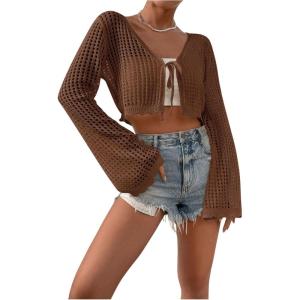 imageSHENHE Womens Tie Front Tops Bell Long Sleeve Knit Crochet Cardigan Crop TopBrown