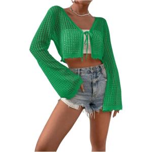imageSHENHE Womens Tie Front Tops Bell Long Sleeve Knit Crochet Cardigan Crop TopGreen