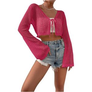 imageSHENHE Womens Tie Front Tops Bell Long Sleeve Knit Crochet Cardigan Crop TopHot Pink