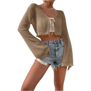 imageSHENHE Womens Tie Front Tops Bell Long Sleeve Knit Crochet Cardigan Crop TopKhaki