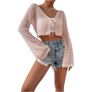 imageSHENHE Womens Tie Front Tops Bell Long Sleeve Knit Crochet Cardigan Crop TopLight Pink