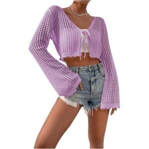 imageSHENHE Womens Tie Front Tops Bell Long Sleeve Knit Crochet Cardigan Crop TopMauve Purple