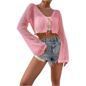 imageSHENHE Womens Tie Front Tops Bell Long Sleeve Knit Crochet Cardigan Crop TopPink