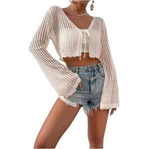 imageSHENHE Womens Tie Front Tops Bell Long Sleeve Knit Crochet Cardigan Crop TopSolid Khaki