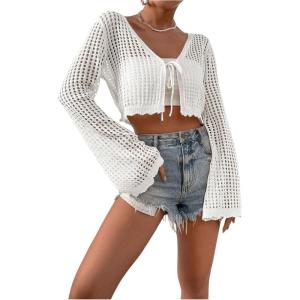 imageSHENHE Womens Tie Front Tops Bell Long Sleeve Knit Crochet Cardigan Crop TopWhite