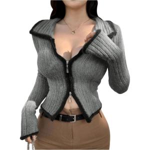 imageSHENHE Womens Zip Up Cardigan Collared Long Sleeve Fitted Y2k Knit Crop Top SweaterGrey