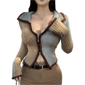 imageSHENHE Womens Zip Up Cardigan Collared Long Sleeve Fitted Y2k Knit Crop Top SweaterMint Green