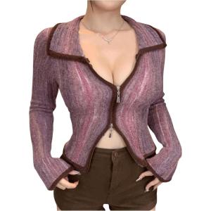 imageSHENHE Womens Zip Up Cardigan Collared Long Sleeve Fitted Y2k Knit Crop Top SweaterViolet Purple