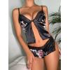 imageSHENHE Womens 2 Piece Floral Satin Lace V Neck Sleeveless Cami Top and Shorts Lingerie Pajama SetsBlack