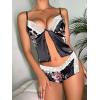 imageSHENHE Womens 2 Piece Floral Satin Lace V Neck Sleeveless Cami Top and Shorts Lingerie Pajama SetsLace Trim Black