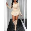 imageSHENHE Womens 2 Piece Mini Skirt Set V Neck Long Sleeve Collared Crop Top Ruffle Flowy SkirtApricot