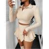imageSHENHE Womens 2 Piece Mini Skirt Set V Neck Long Sleeve Collared Crop Top Ruffle Flowy SkirtApricot