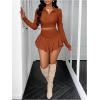 imageSHENHE Womens 2 Piece Mini Skirt Set V Neck Long Sleeve Collared Crop Top Ruffle Flowy SkirtRust Brown