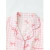 imageSHENHE Womens 2 Piece Pajama Set Bow Graphic Button Down Short Sleeve Lapel Shirt Pj Short SetPlaid Light Pink
