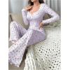 imageSHENHE Womens 2 Piece Pajama Sets Floral Ribbed Cute Pajama Long Sleeve Crop Top and Pant Lounge SetLight Purple